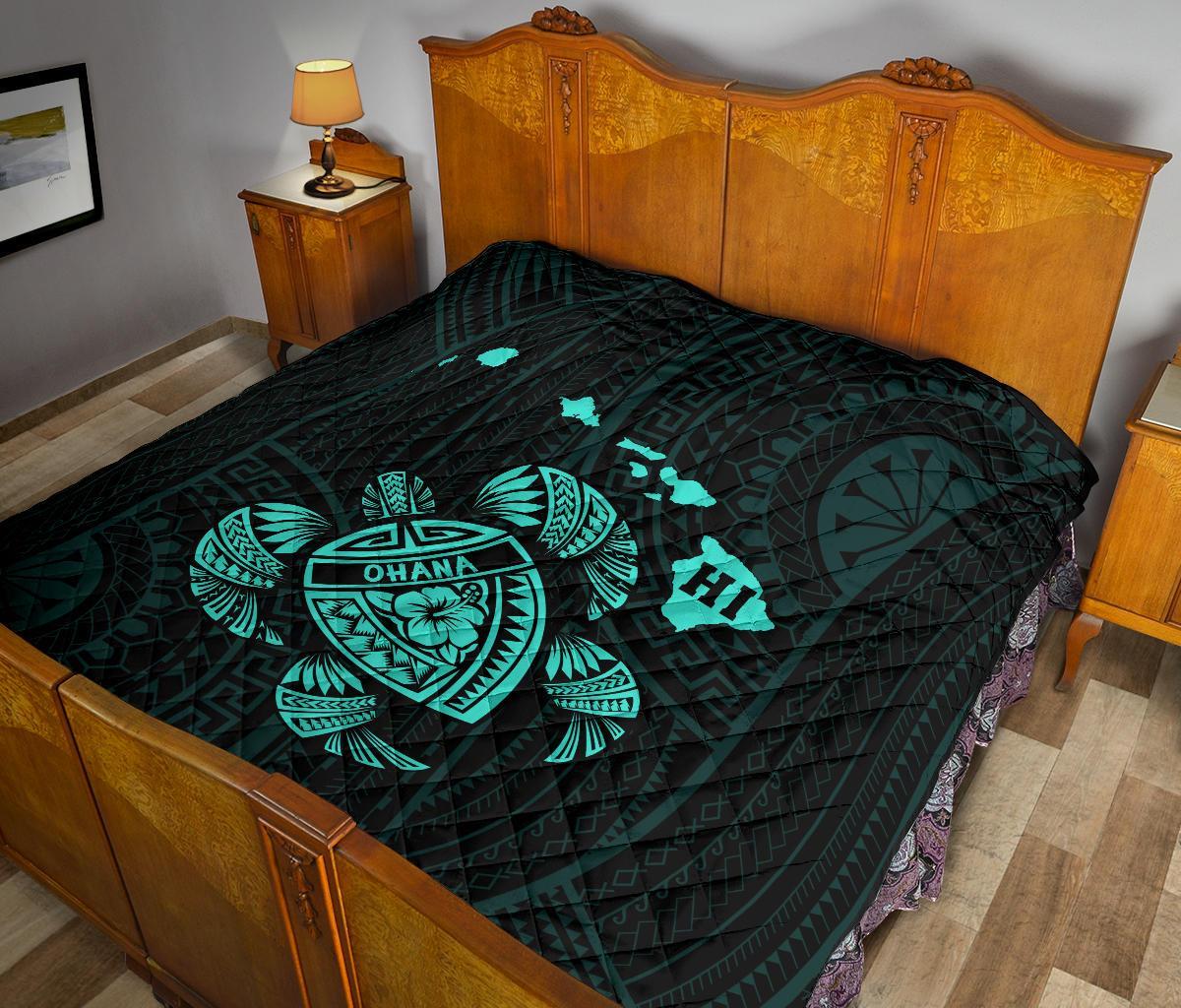 Hawaii Turtle Hibicus Map Premium Quilt - Turquoise - Polynesian Pride