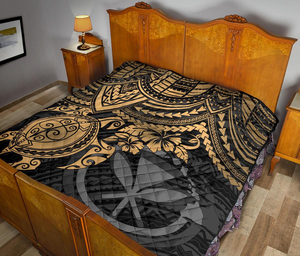 Hawaii Polynesian Premium Quilt - Kanaka Maoli & Gold Turtle Hibiscus - Polynesian Pride