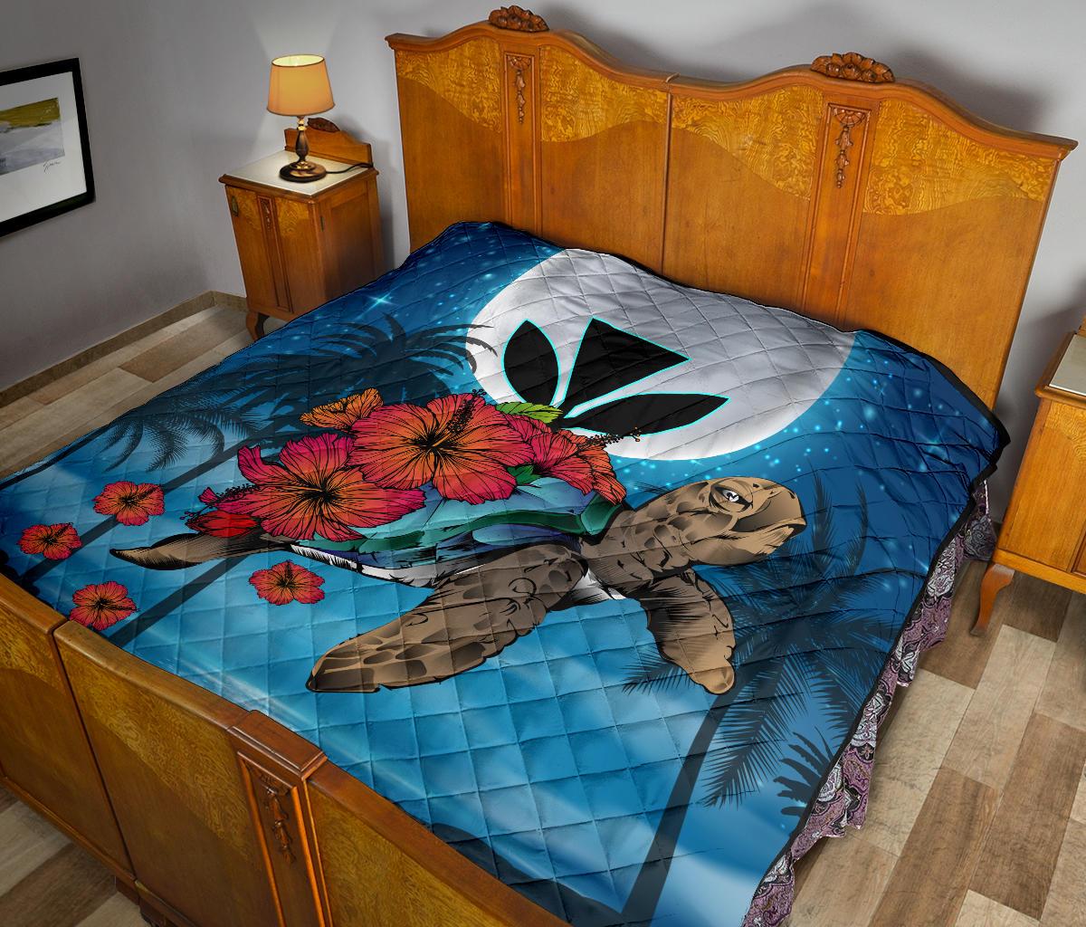 Hawaii Turtle Kanaka Hibiscus Stary Night Premium Quilt - Polynesian Pride