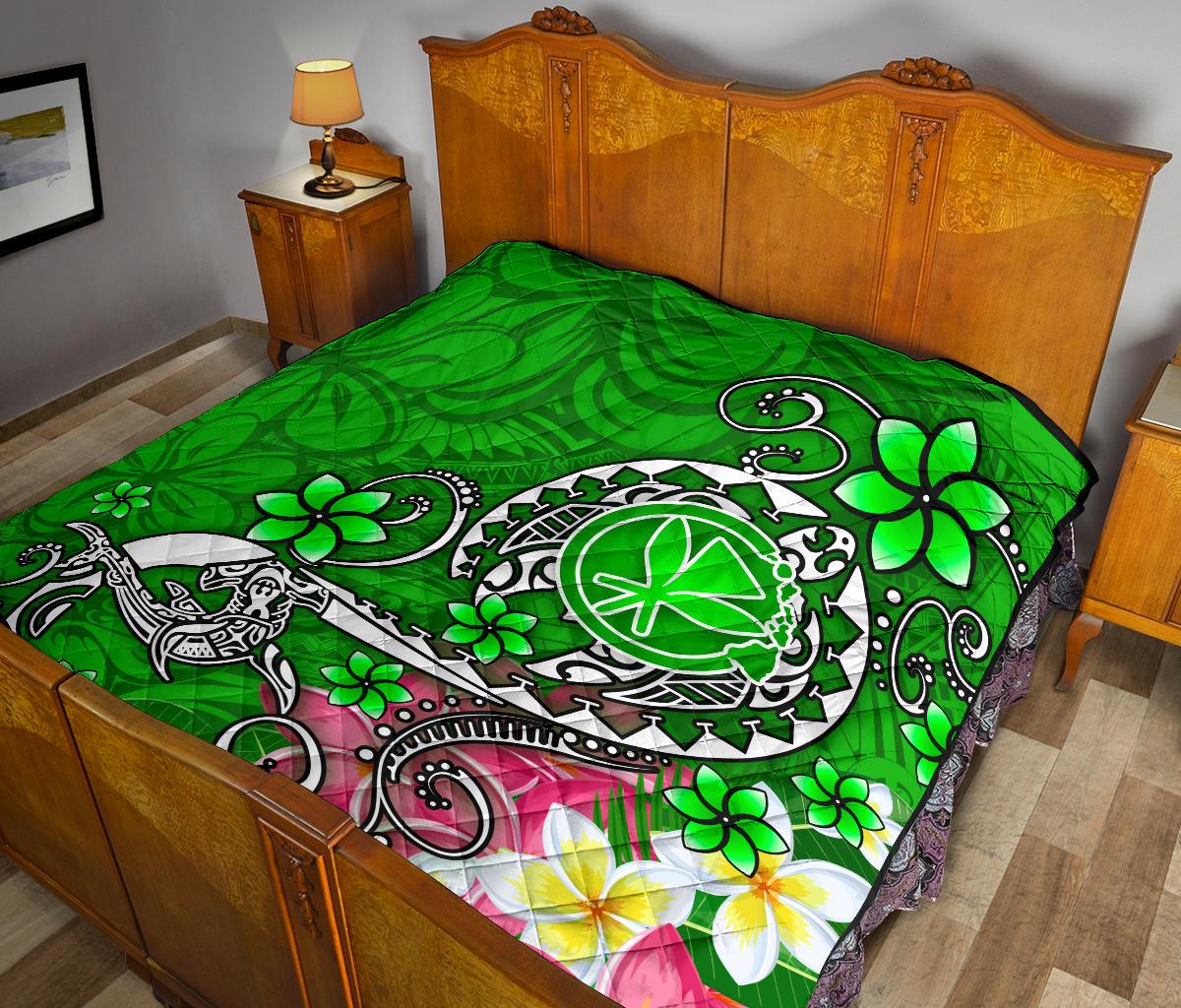 Hawaii Premium Quilt - Turtle Plumeria Polynesian Tattoo Green Color - Polynesian Pride