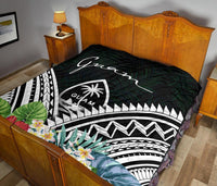 Guam Premium Quilt - Guam Coat of Arms & Polynesian Tropical Flowers White - Polynesian Pride