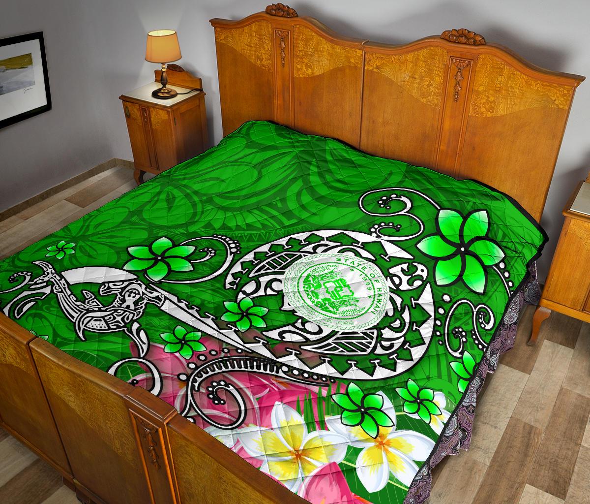 Hawaii Polynesian Premium Quilt - Hawaii Seal With Turtle Plumeria (Green) - Polynesian Pride