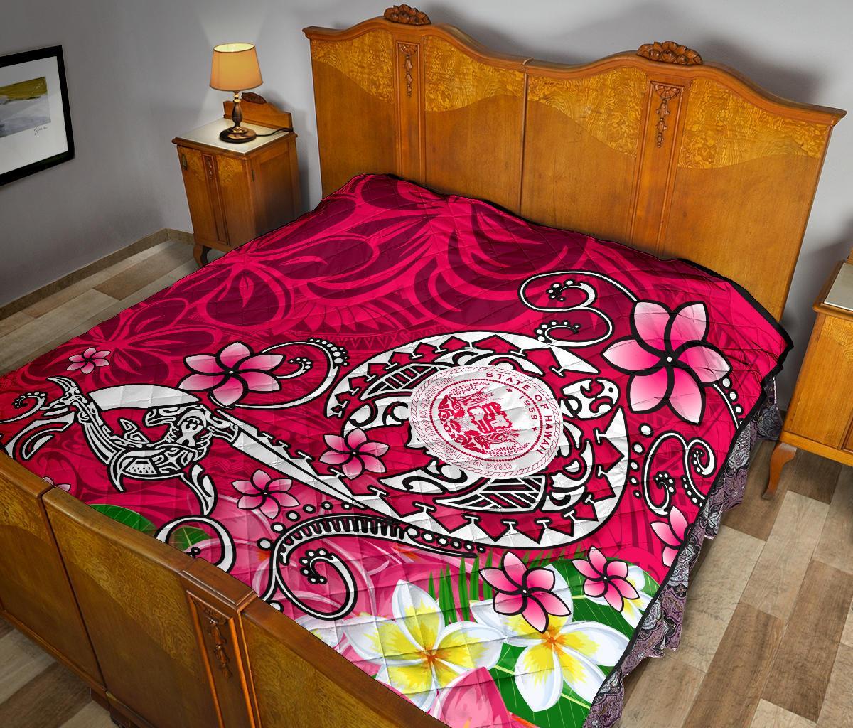 Hawaii Polynesian Premium Quilt - Hawaii Seal With Turtle Plumeria (Pink) - Polynesian Pride