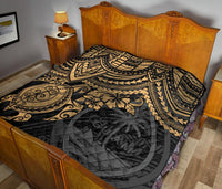 Guam Polynesian Premium Quilt - Guam Coat Of Arms & Golden Turtle Hibiscus - Polynesian Pride