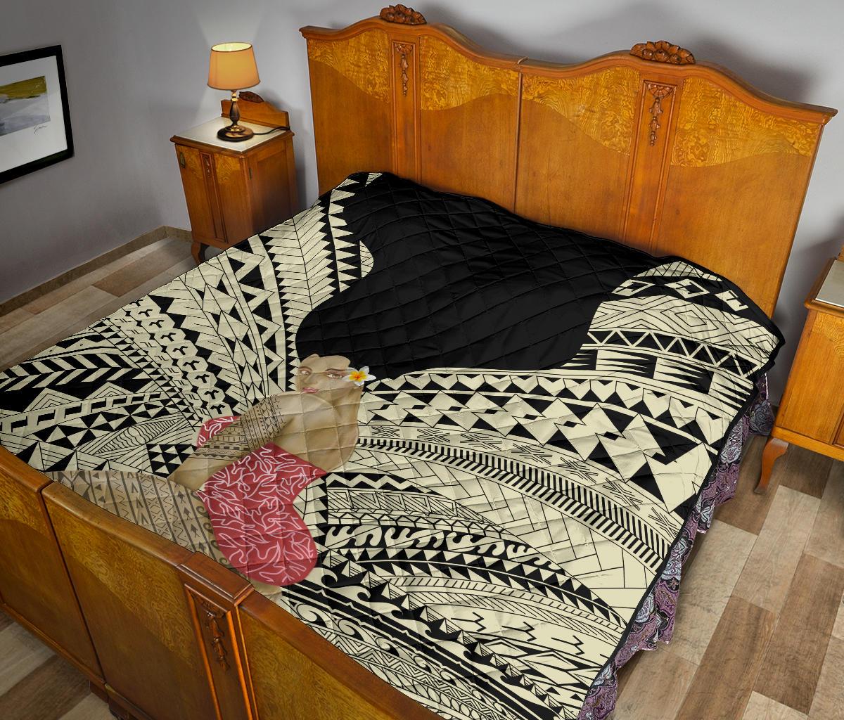 Hawaii Polynesian Hula Girl Wearing Plumeria Premium Quilt - Polynesian Pride