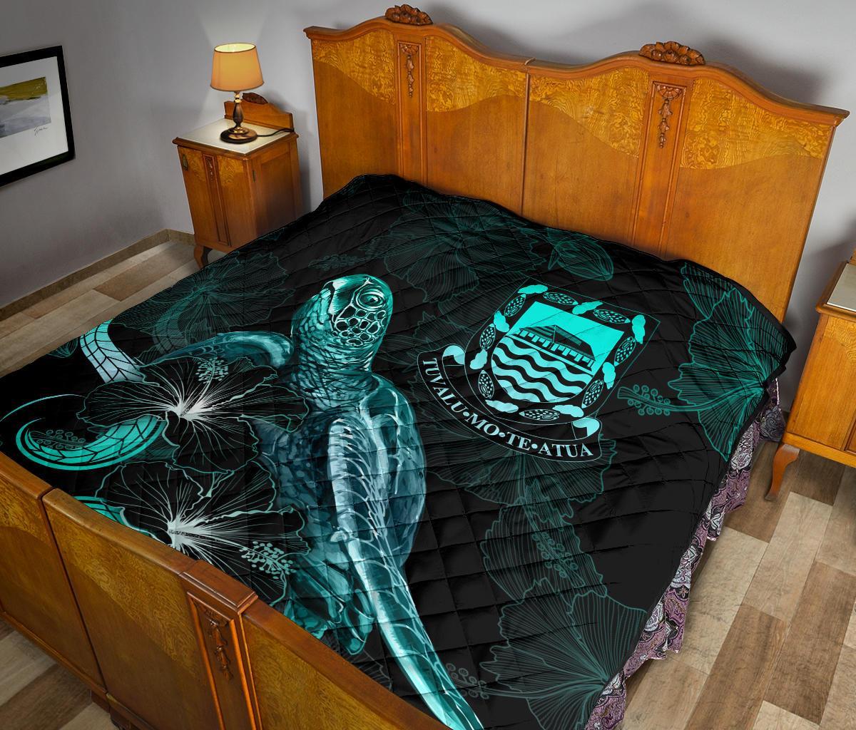 Tuvalu Polynesian Premium Quilt - Turtle With Blooming Hibiscus Turquoise - Polynesian Pride