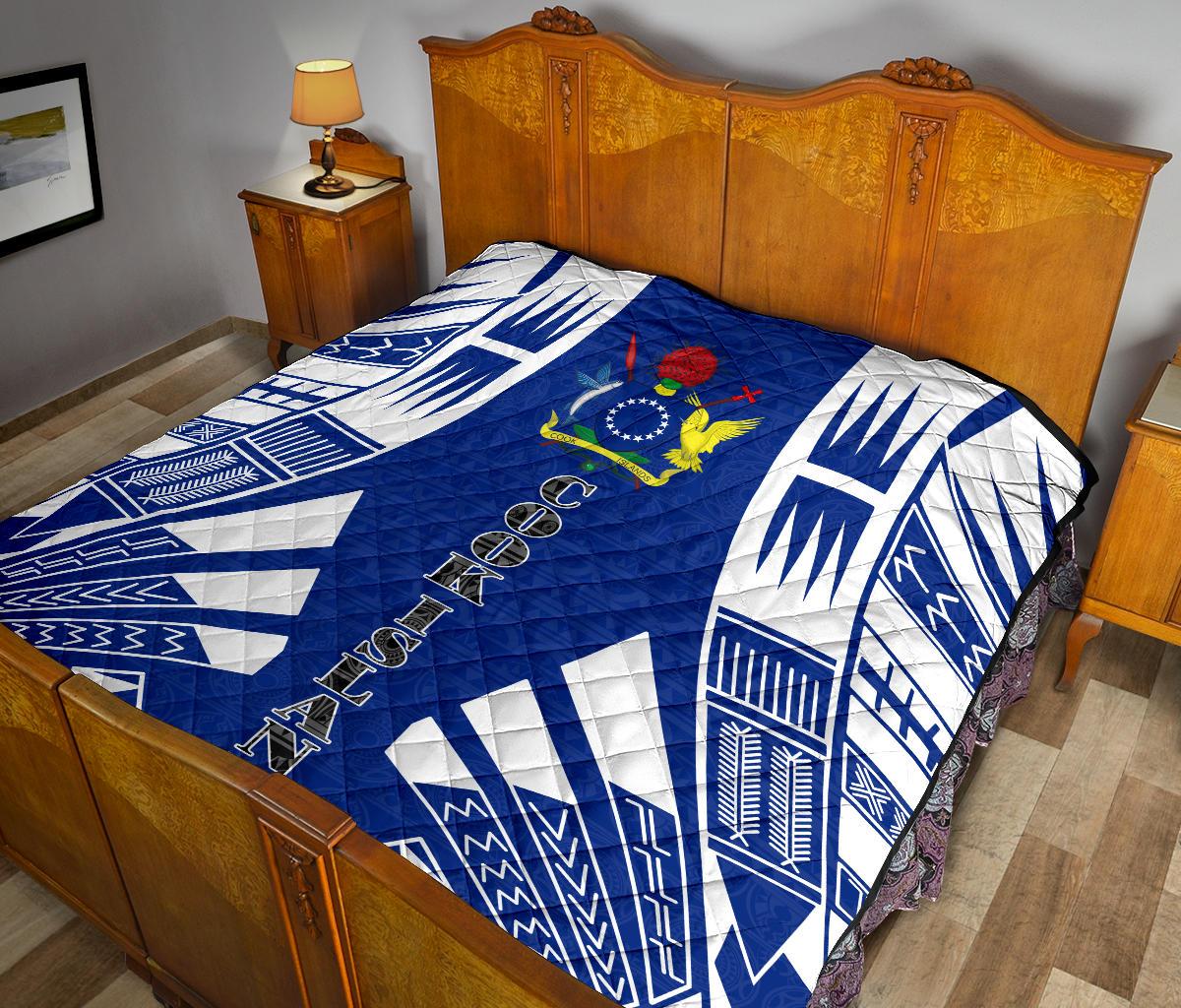 Cook Islands Premium Quilt - Cook Islands Polynesian White Tattoo (Blue) - Polynesian Pride