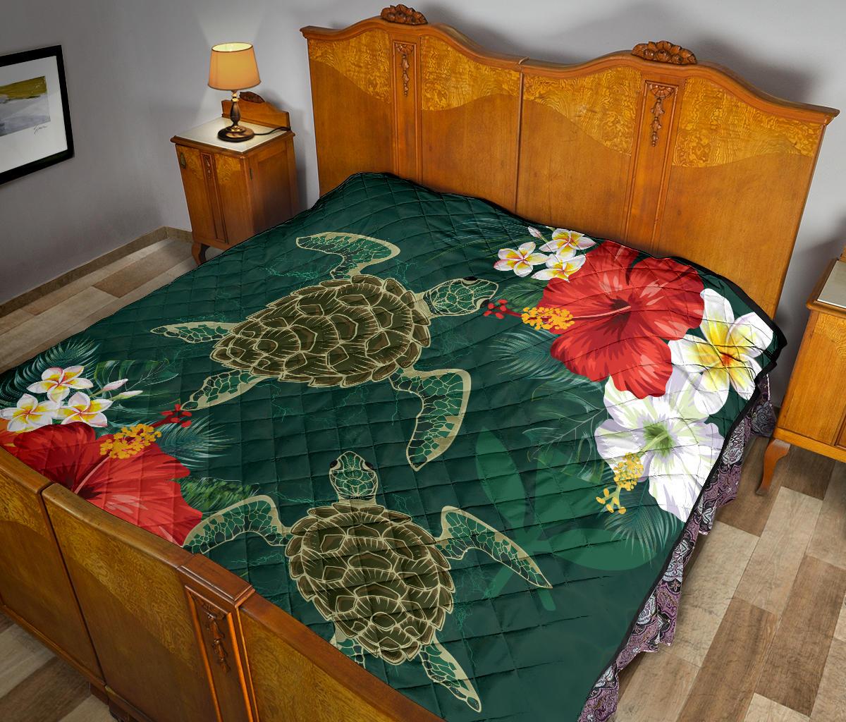 Hawaii Sea Turtle Hibiscus Plumeria Premium Quilt - Polynesian Pride