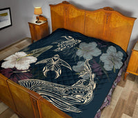 Hawaii Tropical Hibiscus Turtle Shark Aumakua Premium Quilt - Lucas Style - Blue - Polynesian Pride