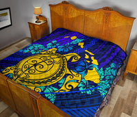 Hawaii Polynesian Premium Quilt - Hawaii Yellow Turtle Map & Torquoise Hibiscus - Polynesian Pride