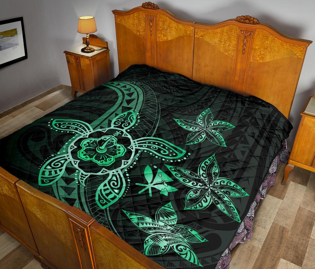 Kanaka Map Hibiscus Plumeria Turtle Art Turquoise Polynesian Premium Quilt - Polynesian Pride