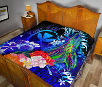 Polynesian Hawaii Custom Personalised Premium Quilt - Kanaka Maoli Humpback Whale with Tropical Flowers (Blue) - Polynesian Pride