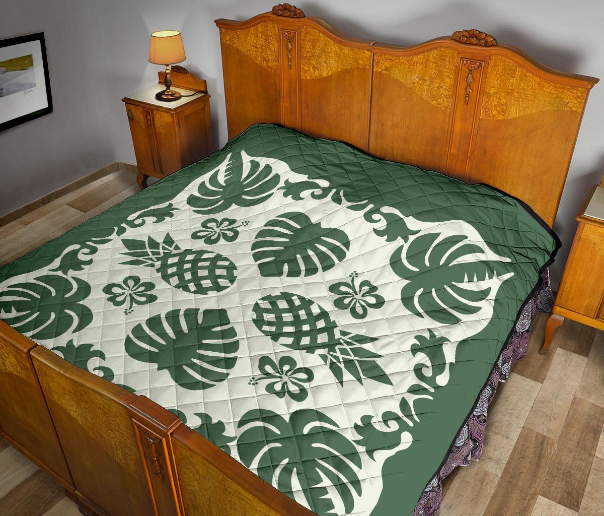 Hawaiian Kalo Coconut Pattern Premium Quilt - Green - Argu Style - AH - Polynesian Pride