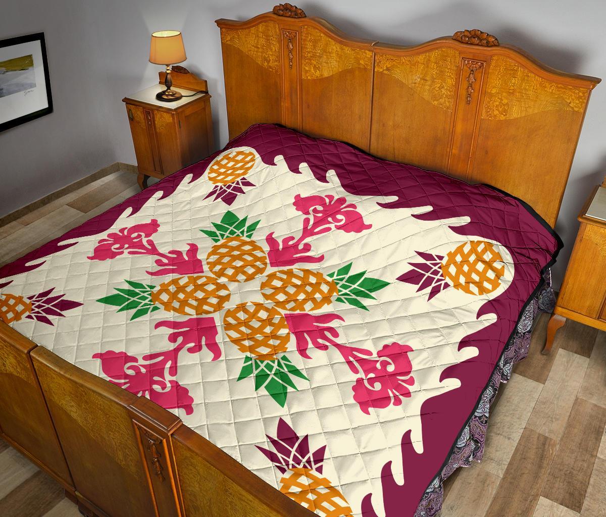 Hawaiian Pineapple Pattern Premium Quilt - Burgundy - Argu Style - AH - Polynesian Pride