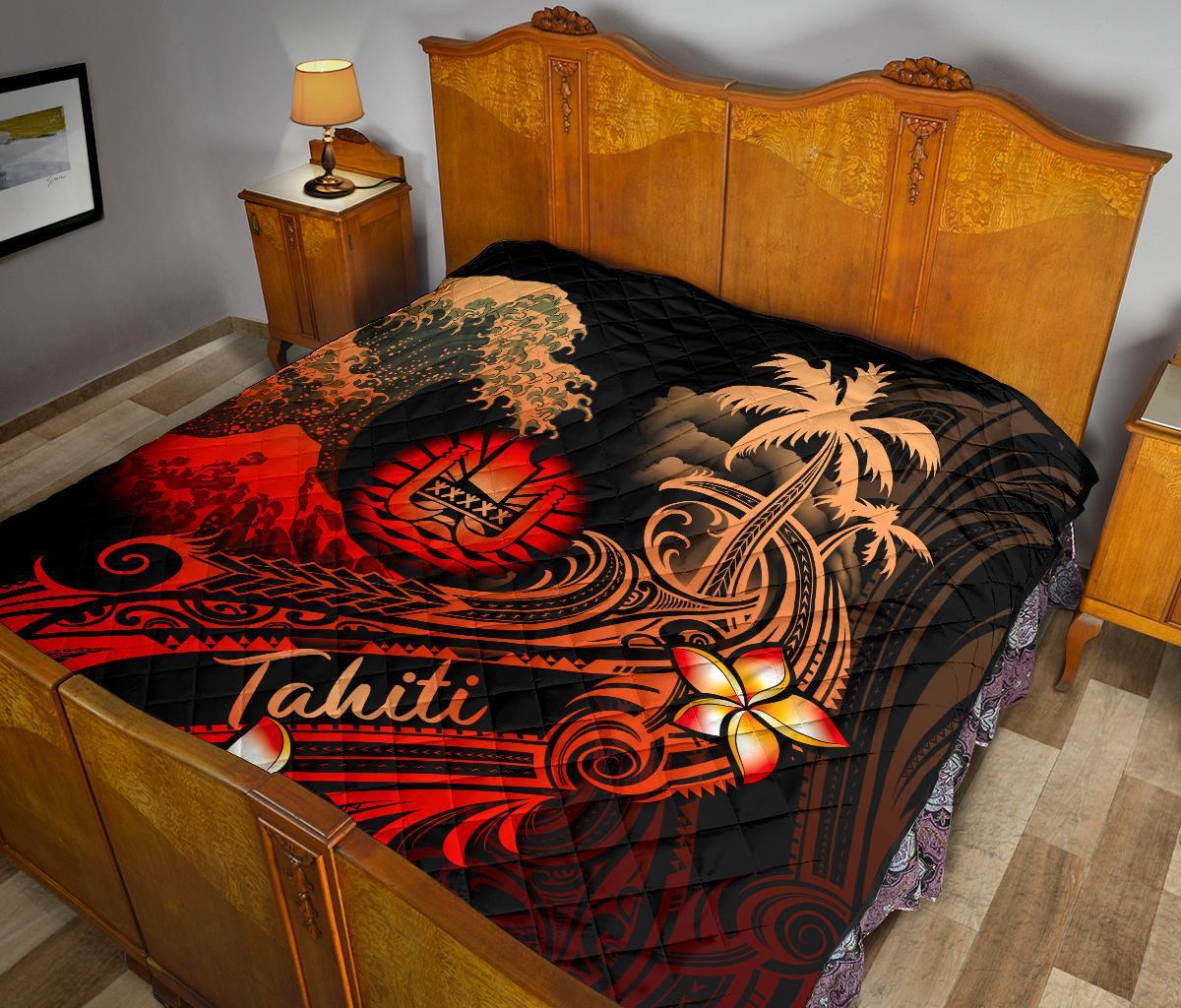 Tahiti Polynesian Premium Quilt - Plumeria Flowers And Waves - Polynesian Pride