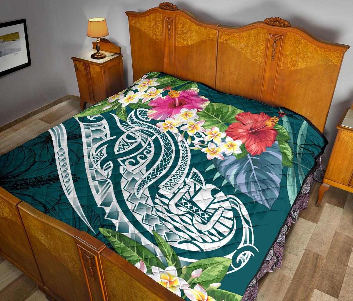 Tahiti Polynesian Premium Quilt - Summer Plumeria (Turquoise) - Polynesian Pride