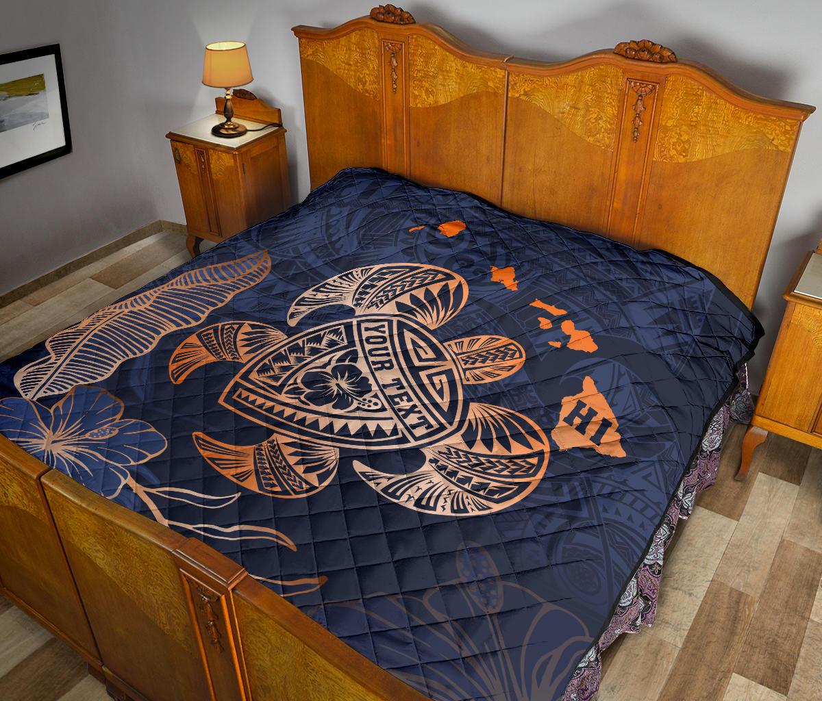 Personalized - Hawaii Kakau Polynesian Turtle Map Premium Quilt - Indigo Special Edition - Polynesian Pride