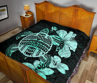 Hawaiian Kanaka Hibiscus Plumeria Mix Polynesian Turtle Premium Quilt Turquoise AH - Polynesian Pride