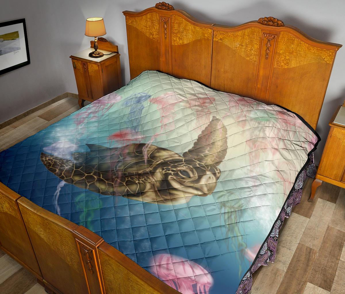 Hawaii Turtle And Jellyfish In Deep Sea Moana Premium Quilt - Polynesian Pride