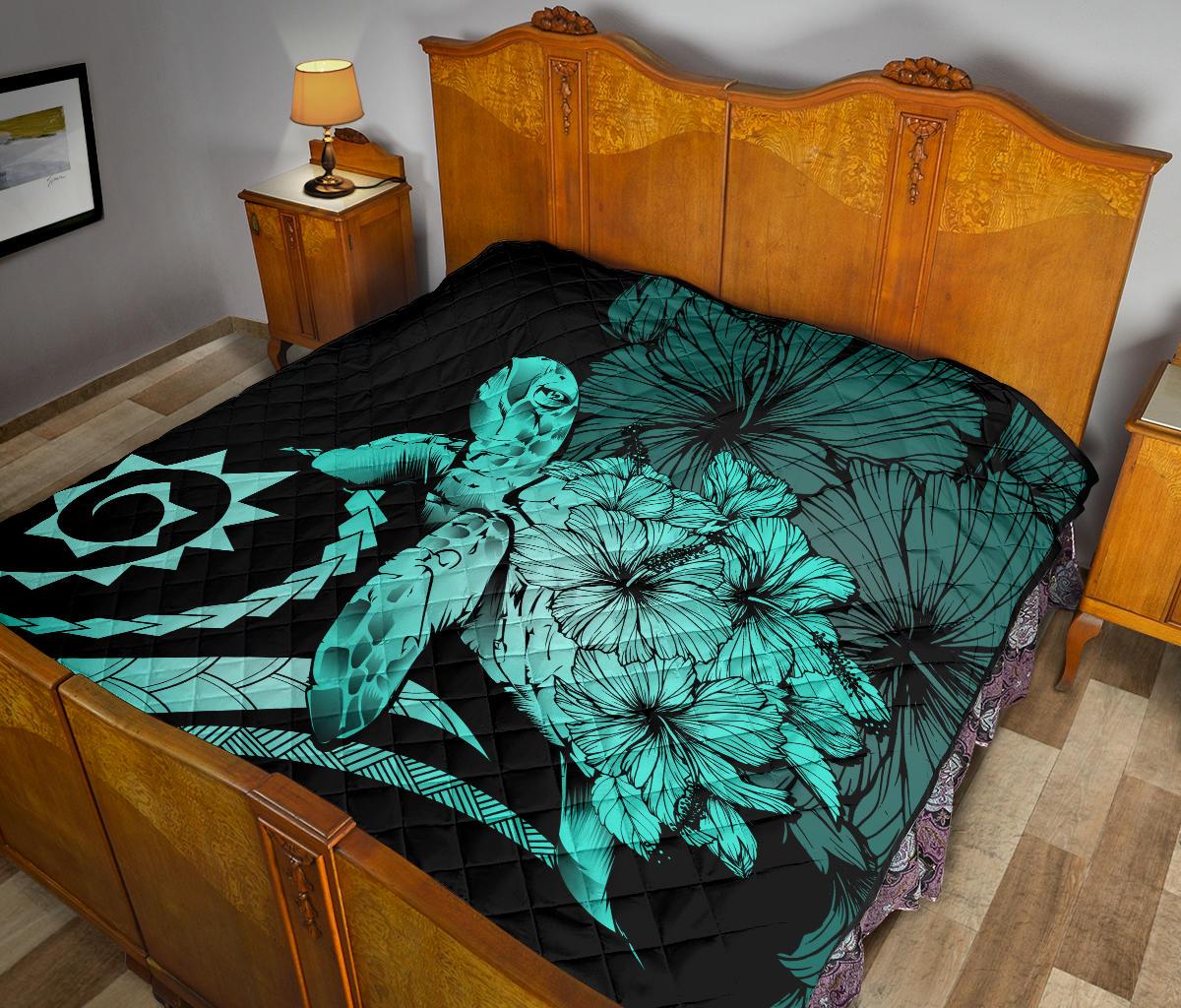 Hawaii Turtle Hibiscus Polynesian Vintage Premium Quilt - Turquoise - Polynesian Pride