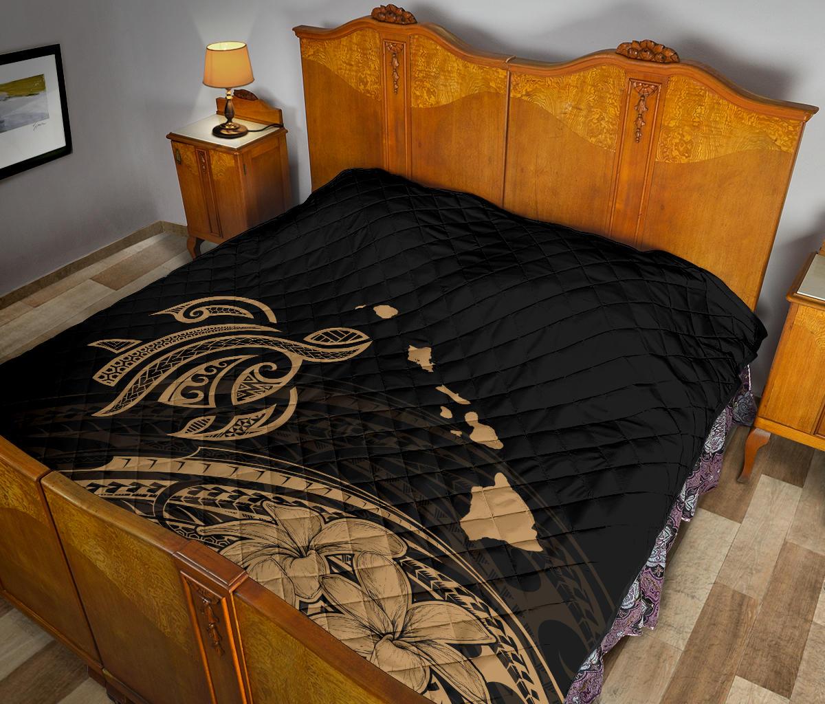 Hawaii Map Plumeria Polynesian Gold Premium Quilt - Polynesian Pride