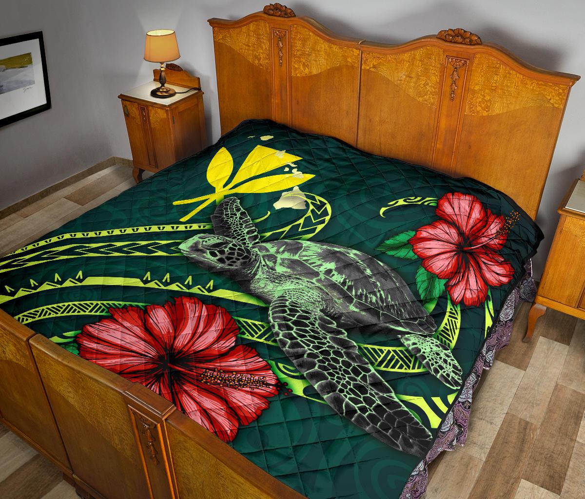 Hawaii Polynesian Premium Quilt - Green Turtle Hibiscus - Polynesian Pride