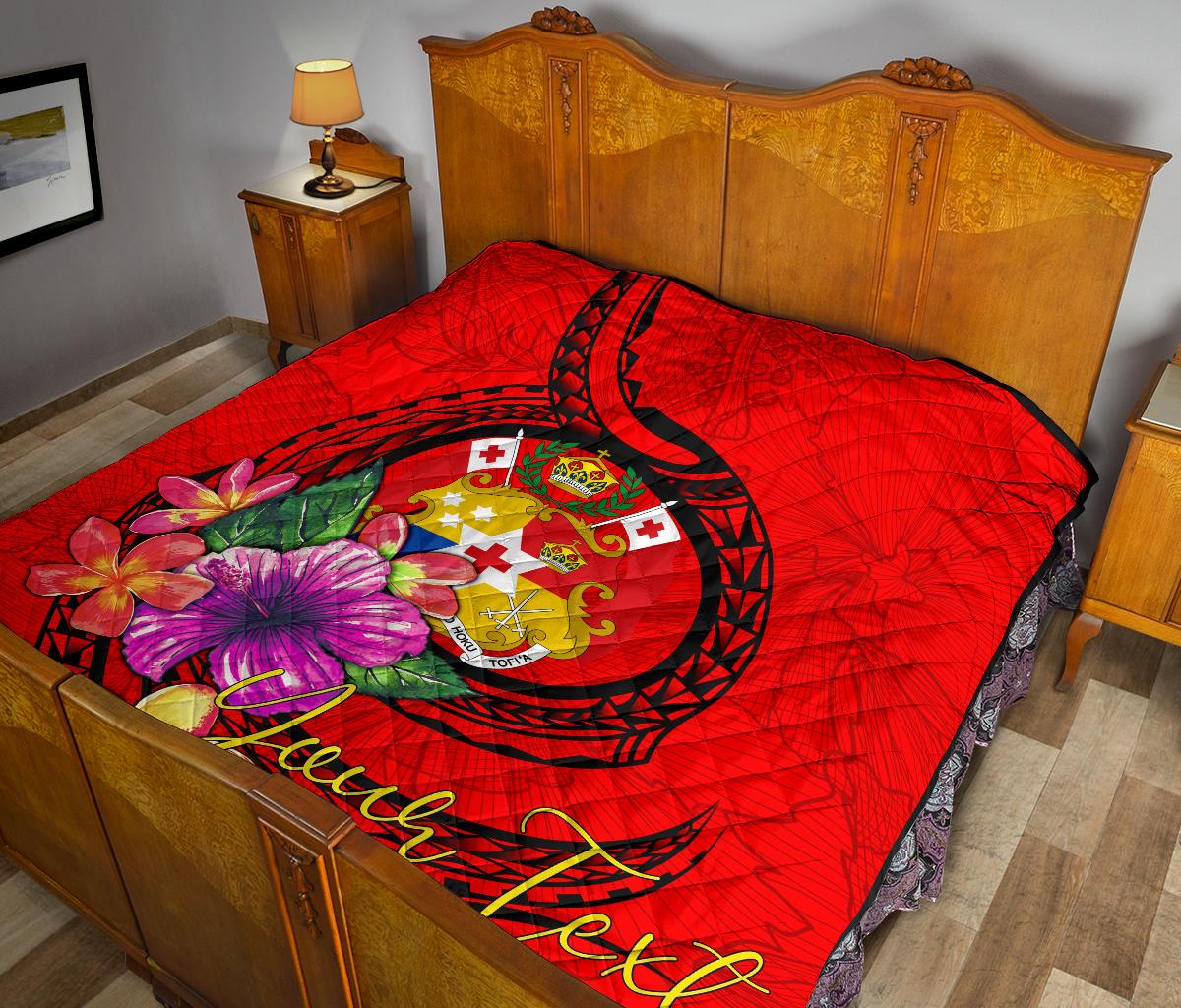 Tonga Polynesian Custom Personalised Premium Quilt - Floral With Seal Red - Polynesian Pride