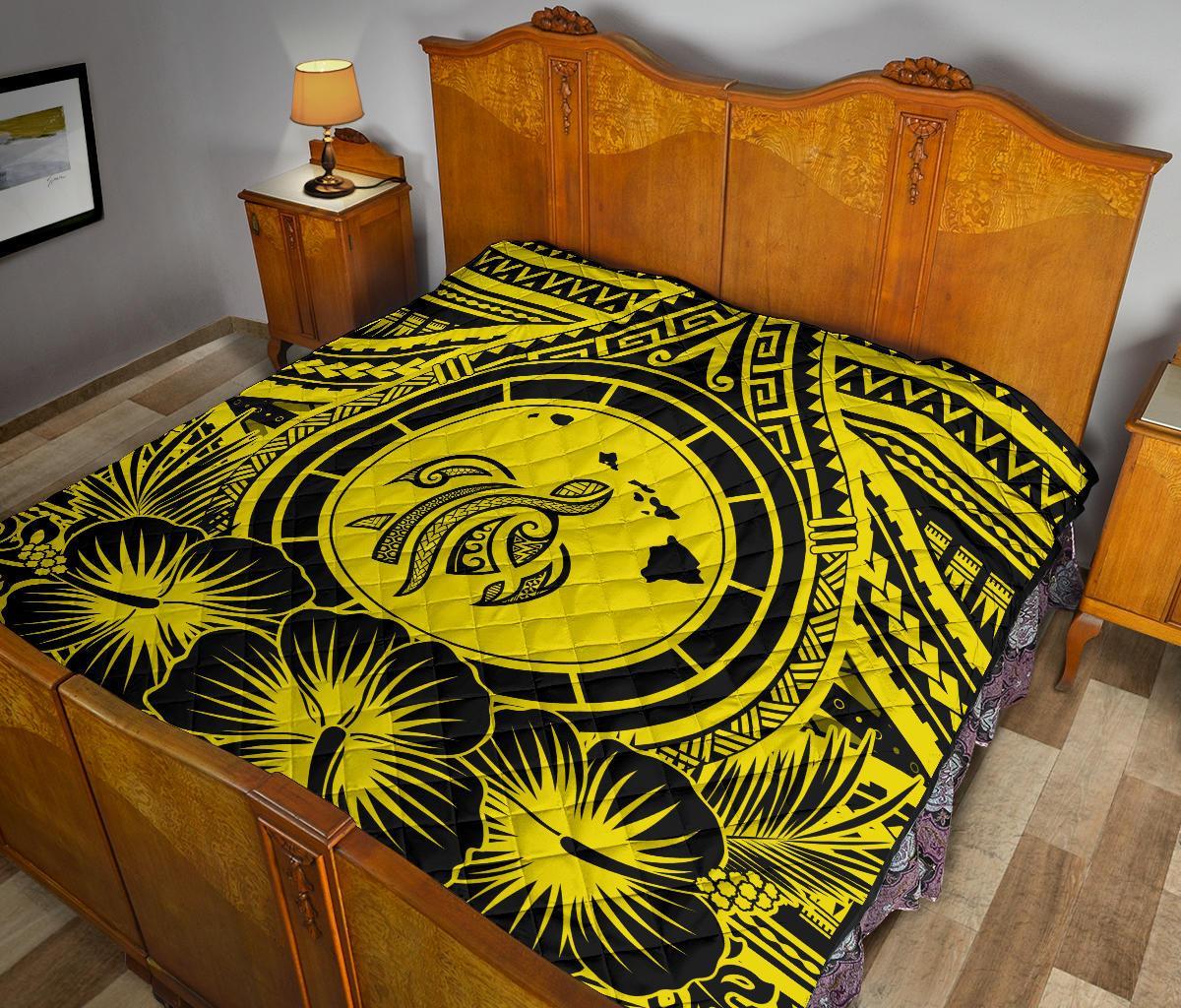 Hawaii Premium Quilt - Hawaii Map Honu Hibiscus Yellow Polynesian Premium Quilt - Polynesian Pride