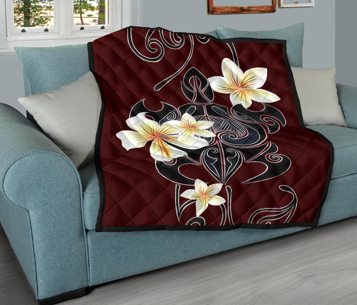Turtle Poly Tribal Plumeria Red Premium Quilt - Polynesian Pride