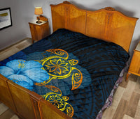 Hawaii Premium Quilt - Turtle Hibiscus Pattern Hawaiian Premium Quilt - Blue - Polynesian Pride