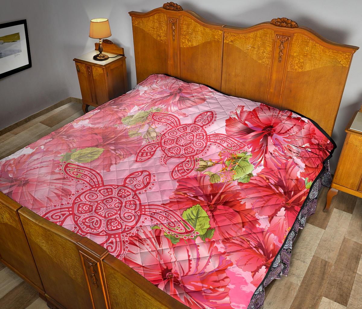 Hawaii Turtle Hibiscus Premium Quilt - Pink Style - Polynesian Pride