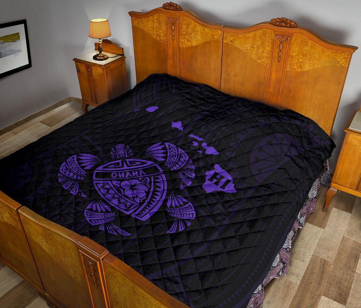 Hawaii Turtle Hibicus Map Premium Quilt - Purple - Polynesian Pride