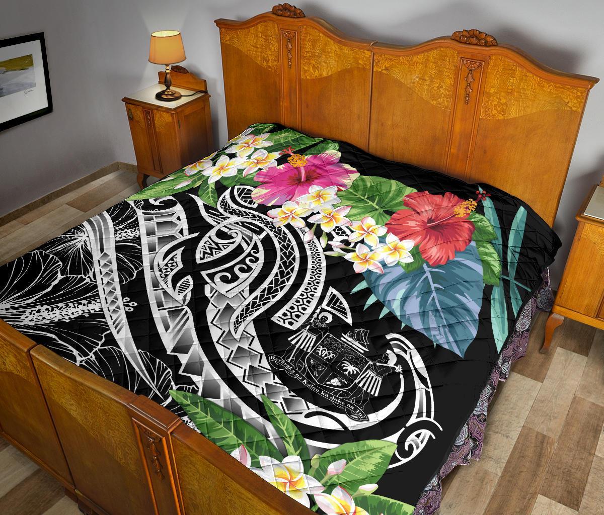 Fiji Polynesian Premium Quilt - Summer Plumeria (Black) - Polynesian Pride