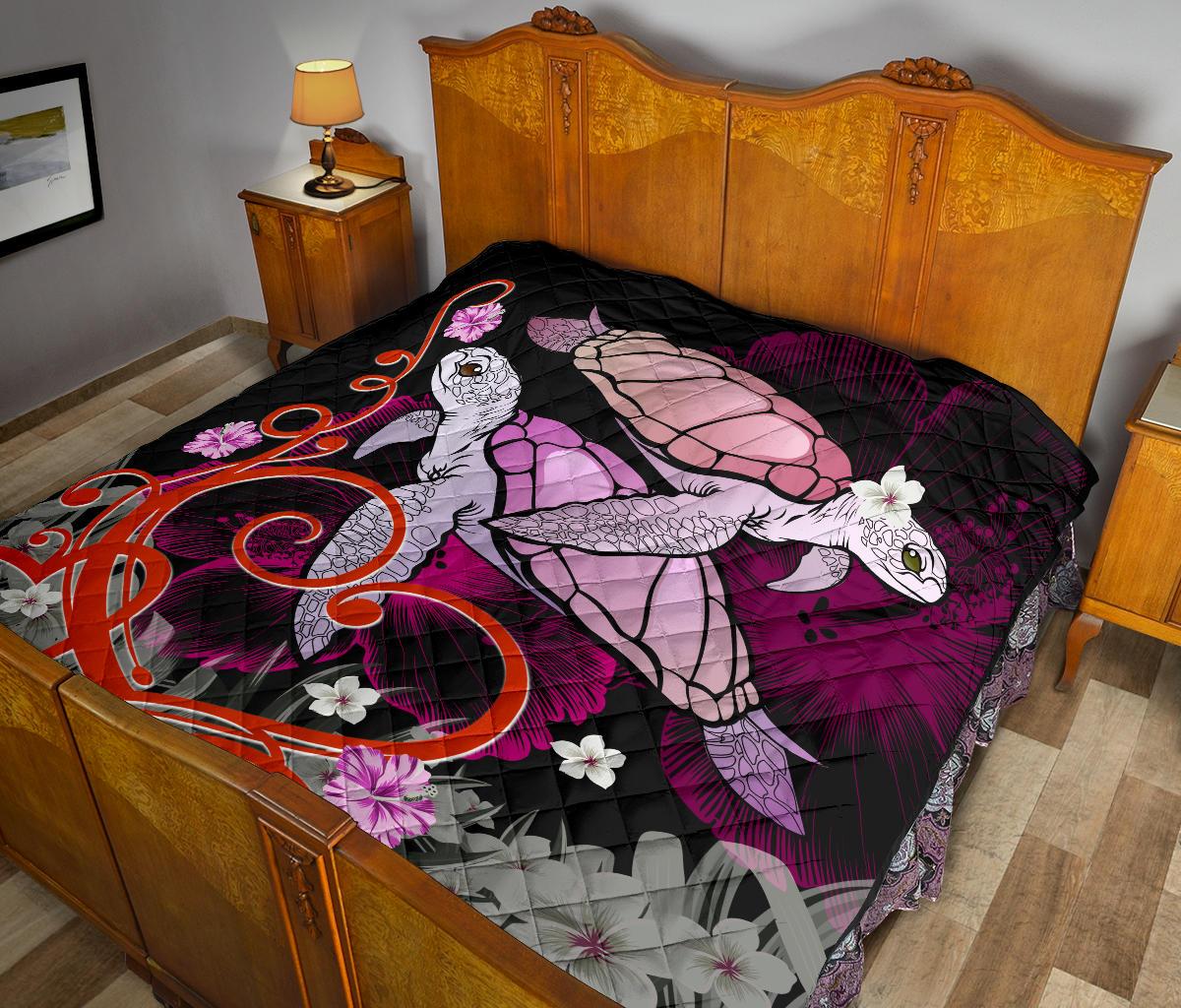 Hawaii Turtle Couple Valentine's Hibiscus Plumeria Premium Quilt - Valentine Style - AH - Polynesian Pride