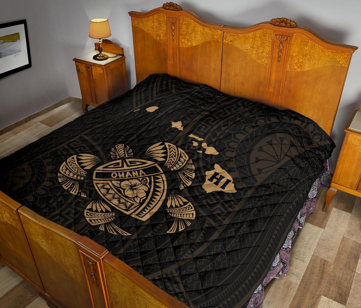 Hawaii Turtle Hibicus Map Premium Quilt - Gold - Polynesian Pride