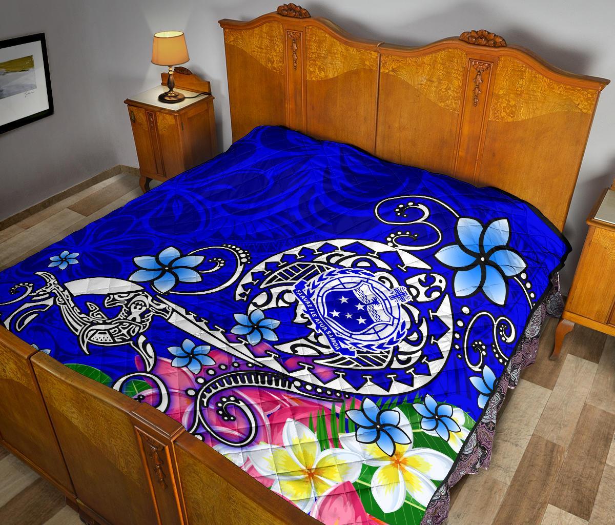 Samoa Premium Quilt - Turtle Plumeria (Blue) - Polynesian Pride