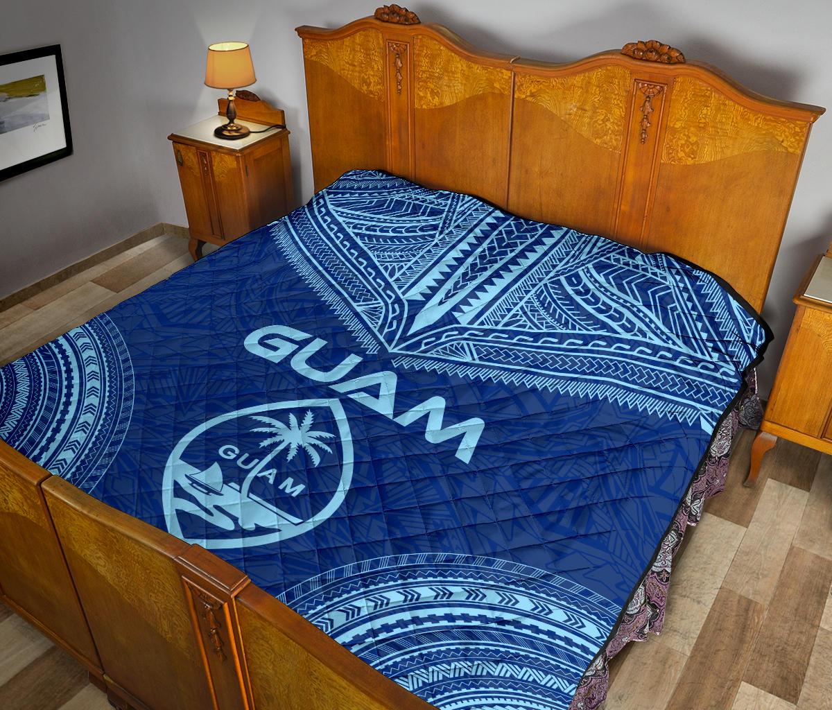 Guam Premium Quilt - Guam Coat Of Arms Polynesian Chief Blue Version - Polynesian Pride