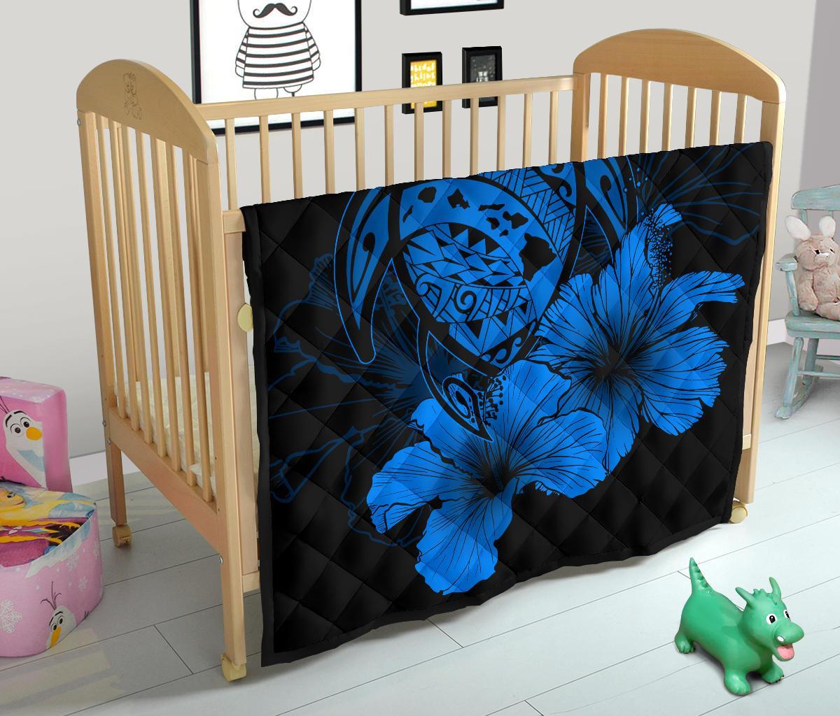 Hawaii Hibiscus Premium Quilt - Turtle Map - Traffic Blue - Polynesian Pride