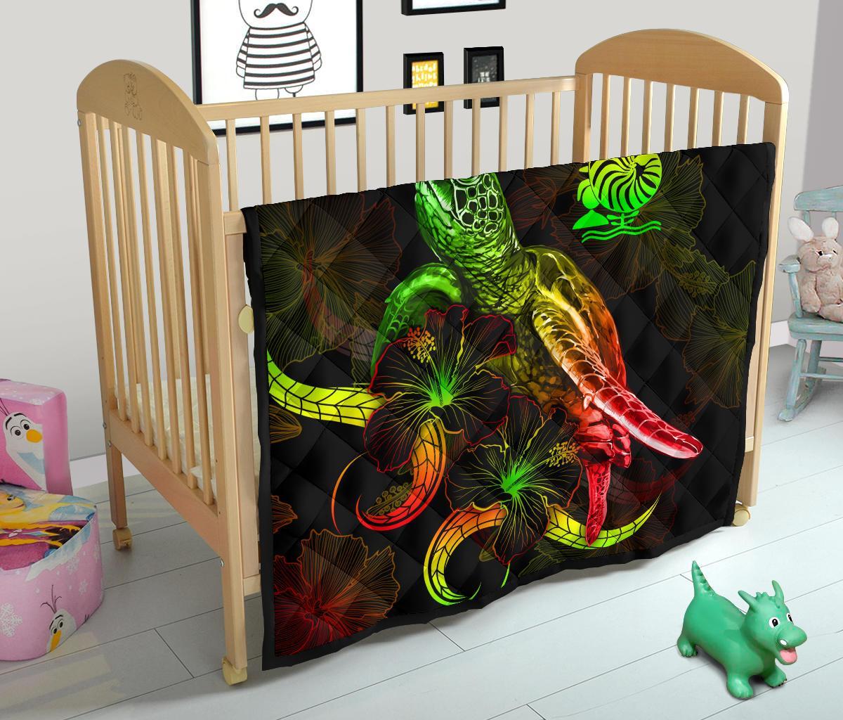 New Caledonia Polynesian Premium Quilt - Turtle With Blooming Hibiscus Reggae - Polynesian Pride