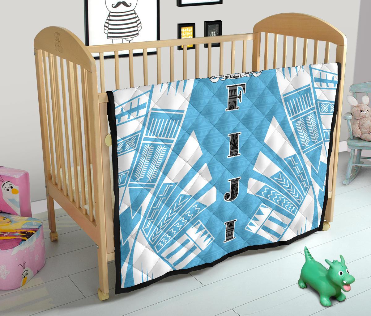 Fiji Premium Quilt - Fiji Coat Of Arms Polynesian White Tattoo (Blue) - Polynesian Pride