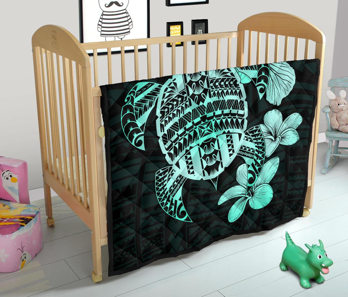 Hawaiian Kanaka Hibiscus Plumeria Mix Polynesian Turtle Premium Quilt Turquoise AH - Polynesian Pride