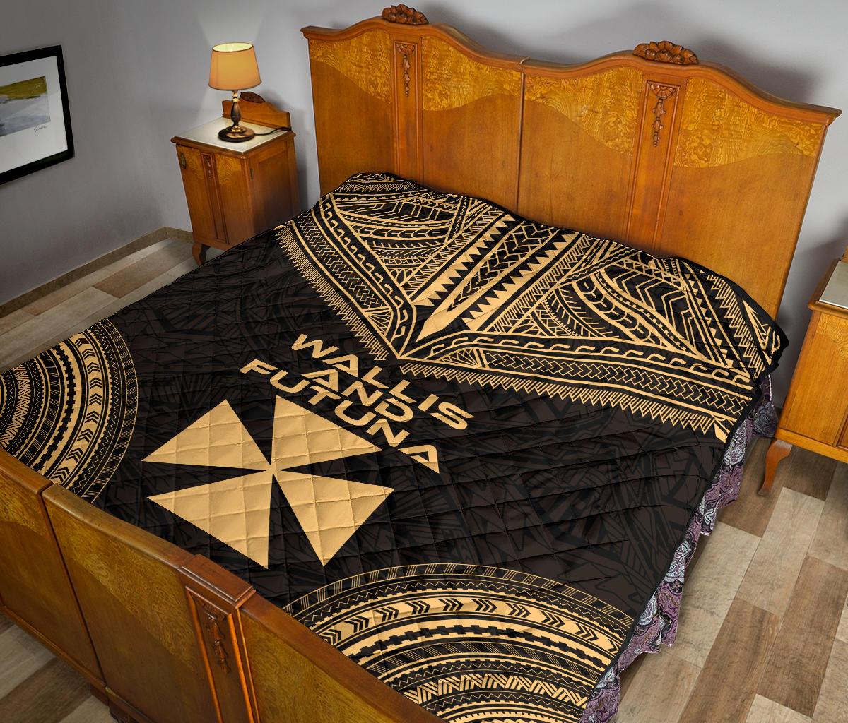 Wallis And Futuna Premium Quilt - Wallis And Futuna Coat Of Arms Polynesian Chief Gold Version - Polynesian Pride