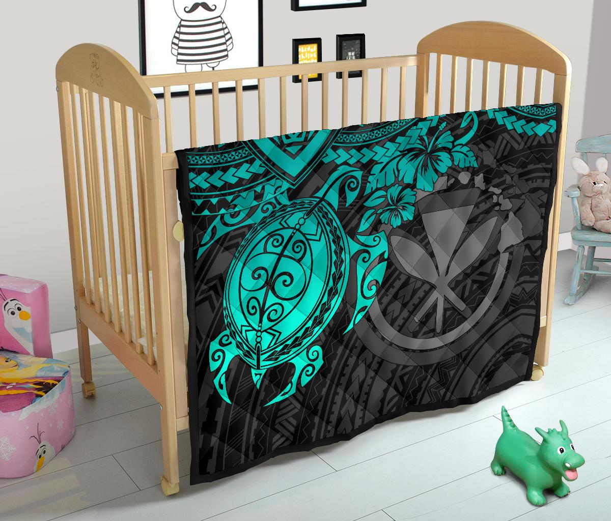 Hawaii Polynesian Premium Quilt - Kanaka Maoli & Turquoise Turtle Hibiscus - Polynesian Pride