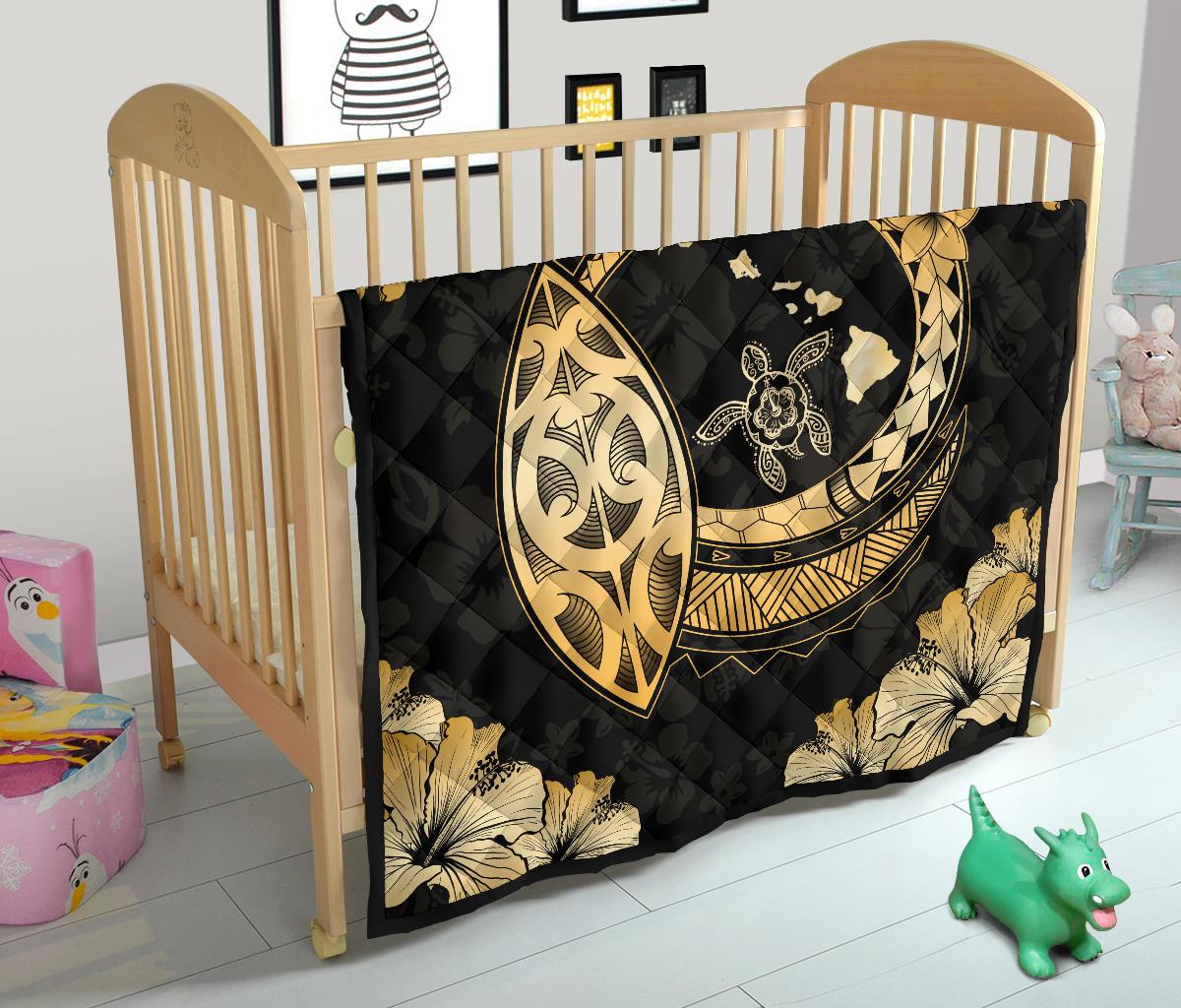 Hawaii Hibiscus Map Hidden Polynesian Hidden Gold Premium Quilt - Polynesian Pride