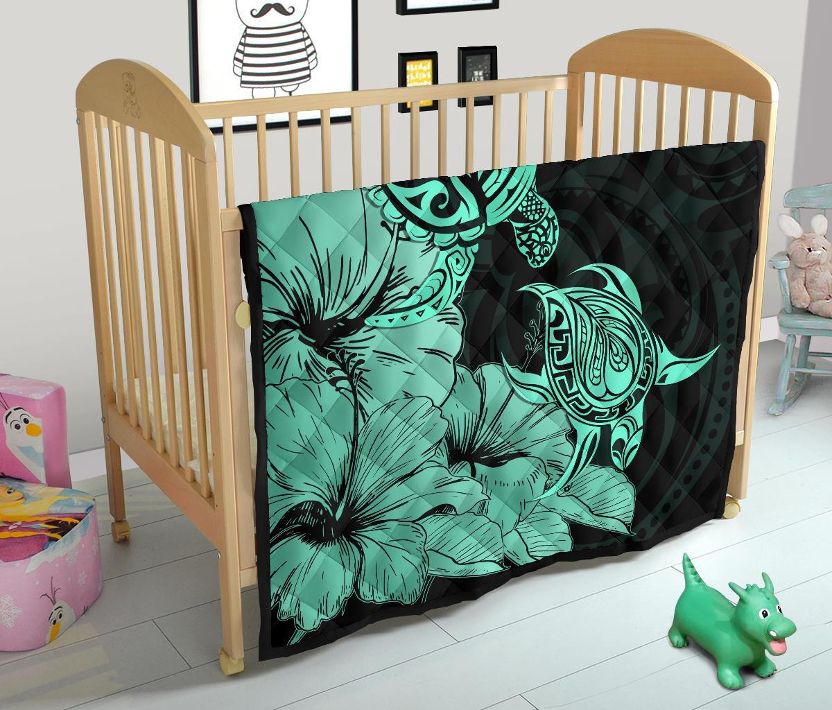 Hawaii Turtle Premium Quilt Polynesian Hibiscus Art Turquoise AH - Polynesian Pride