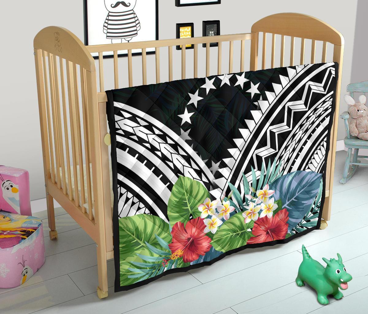 Cook Islands Premium Quilt - Cook Islands Coat of Arms & Polynesian Tropical Flowers White - Polynesian Pride