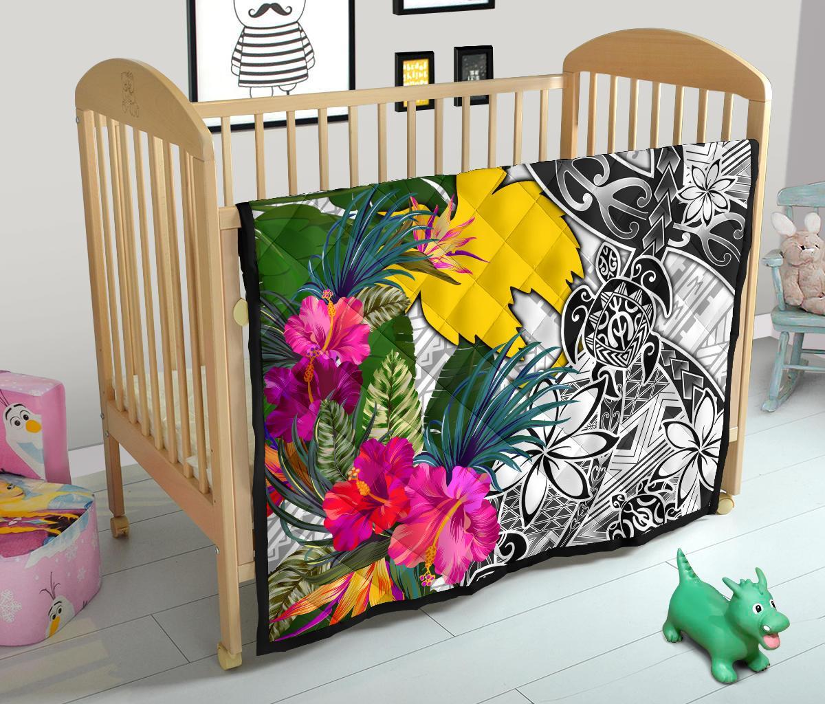 Papua New Guinea Premium Quilt White - Turtle Plumeria Banana Leaf - Polynesian Pride