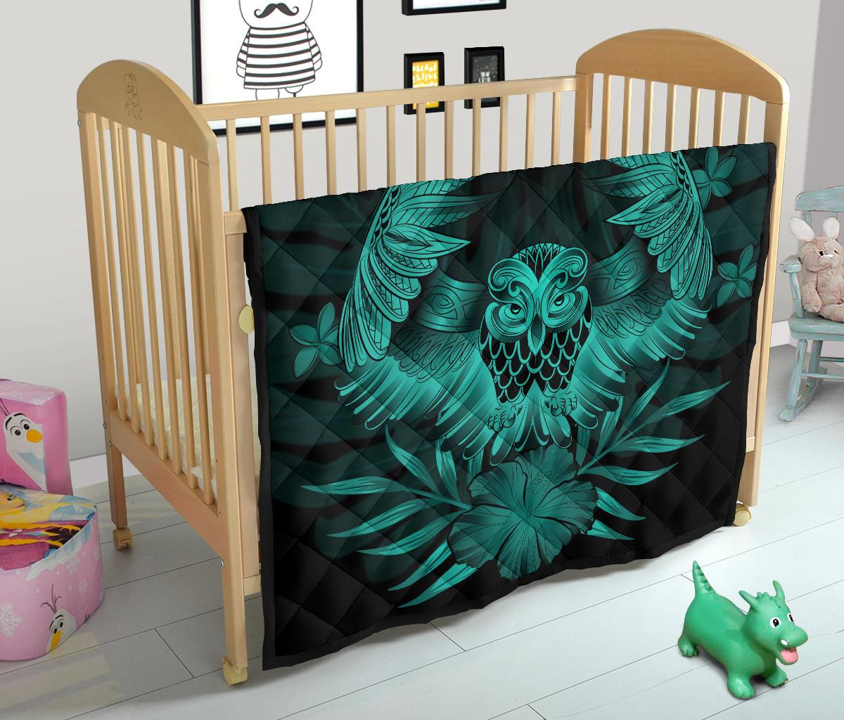 Hawaii Owl Hibiscus Plumeria Premium Quilt - Turquoise - Polynesian Pride