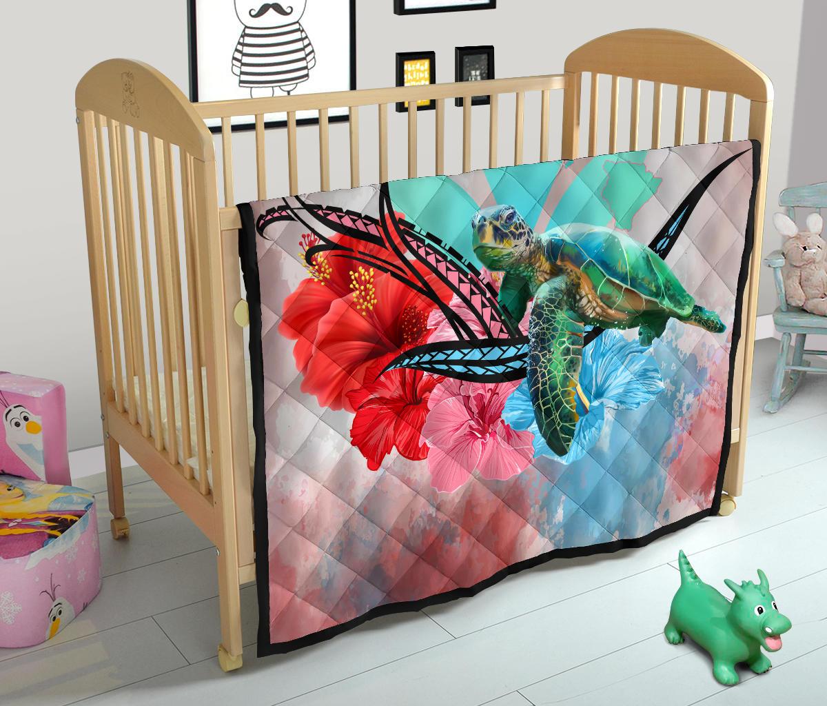 Hawaii Map Kanaka Sea Turtle Hibiscus Premium Quilt - AH - Blue Pink - Polynesian Pride