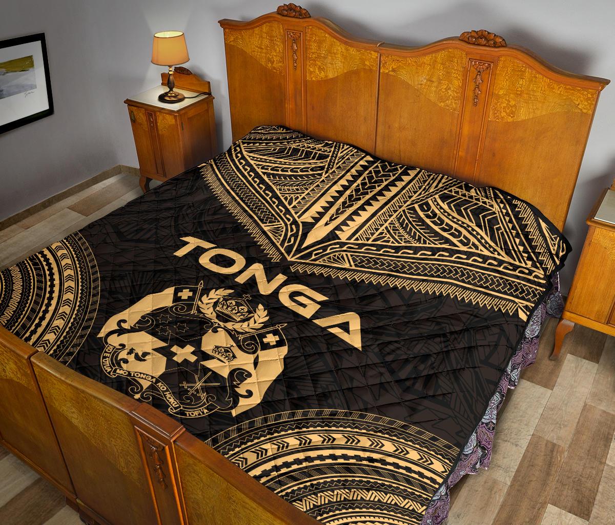 Tonga Premium Quilt - Tonga Coat Of Arms Polynesian Chief Gold Version - Polynesian Pride